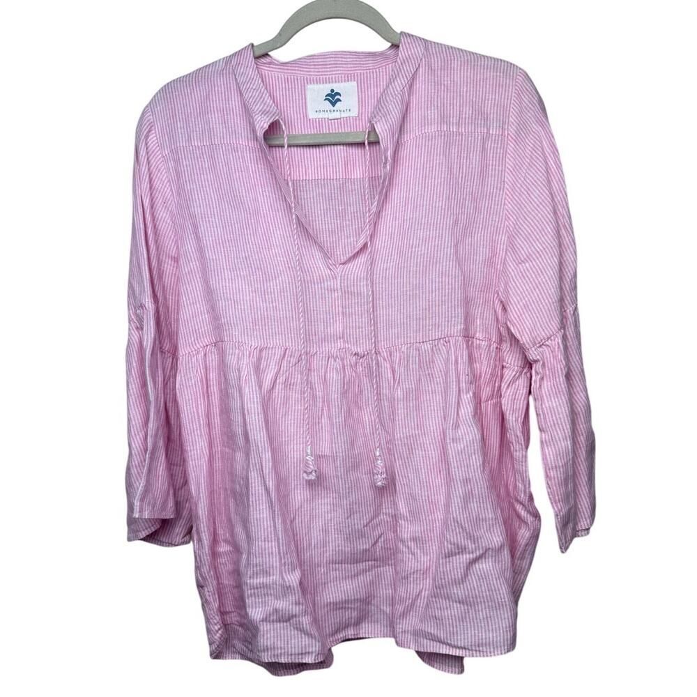 Pomegranate Pink White Striped Linen Tunic Top Sz. S